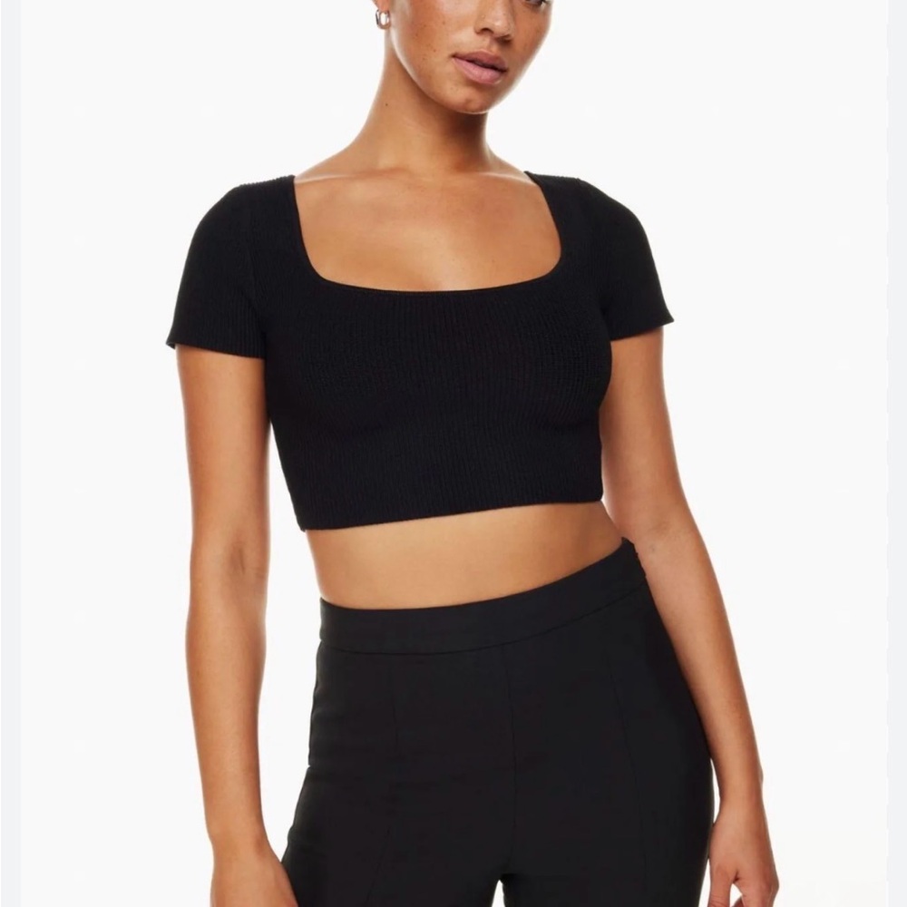 Aritzia Babaton Sculpt Knit Crop Top Womens Sz 2XS Black Ribbed Square Neck - Picture 8 of 8